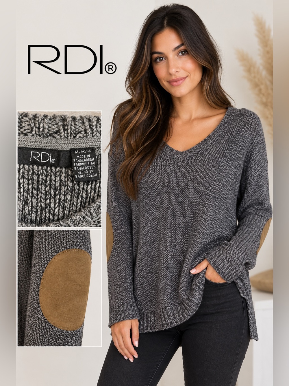 RDI V-Neck Pullover Sweater with Suede Elbow Patches Gray M